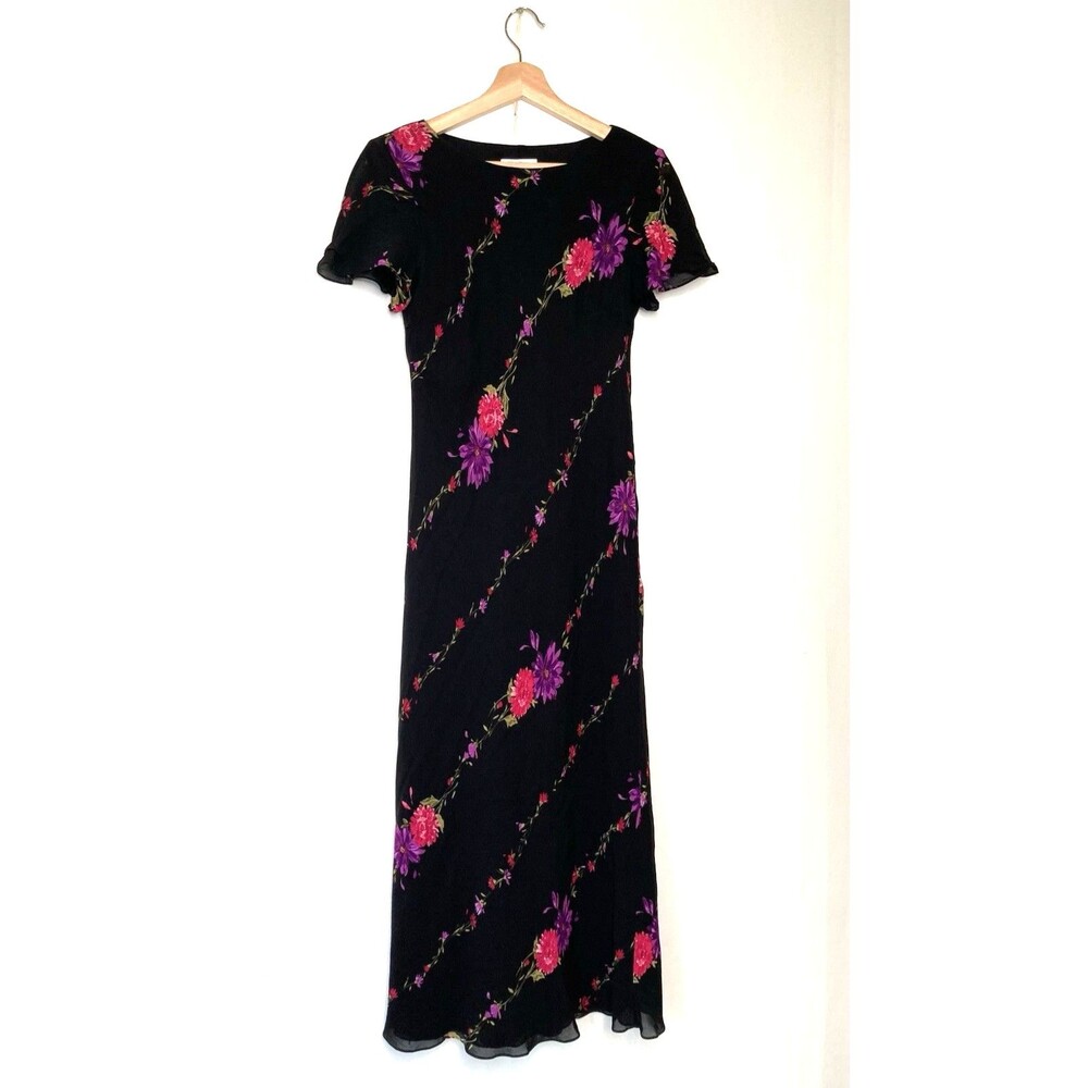 Talbots Maxi Dress Size 4 Black Floral Short Sleeve Vintage 90s Y2K USA VTG